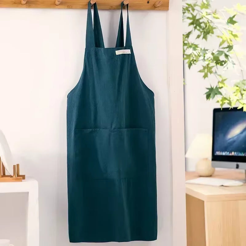 Women Japanese and Korean Simple Apron Denim Apron Cotton and Linen Solid Color Blouse Kitchen Florist Coffee Shop Apron