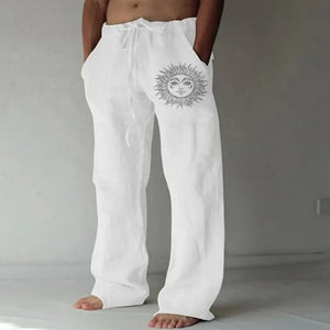 Men'S Casual Pants Sweatpants Sun Flower Print Full Length Pants Pocket Drawstring Linen Trousers Men