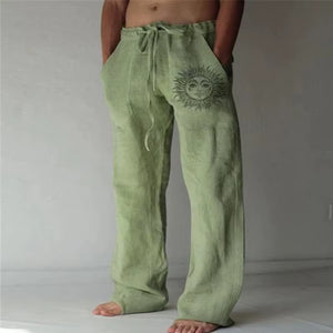 Men'S Casual Pants Sweatpants Sun Flower Print Full Length Pants Pocket Drawstring Linen Trousers Men