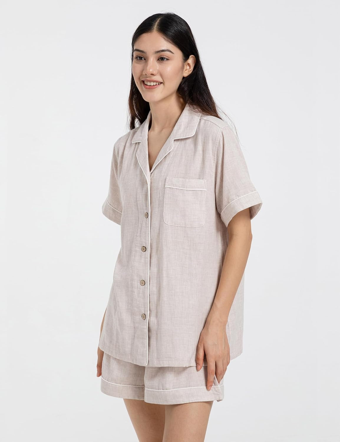 Pajamas for Women Set 100% Double Gauze Cotton Linen like Short Sleeve Sleepwear Button down Nightwear Summer Pjs Set