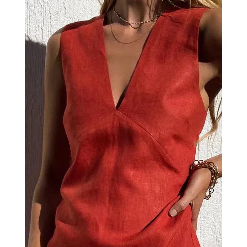 2025 Linen Summer Women Dresses Sexy V-Neck Sleeveless Basic Tank Dress Elegant Party Dresses Chic Boho Red Sundress