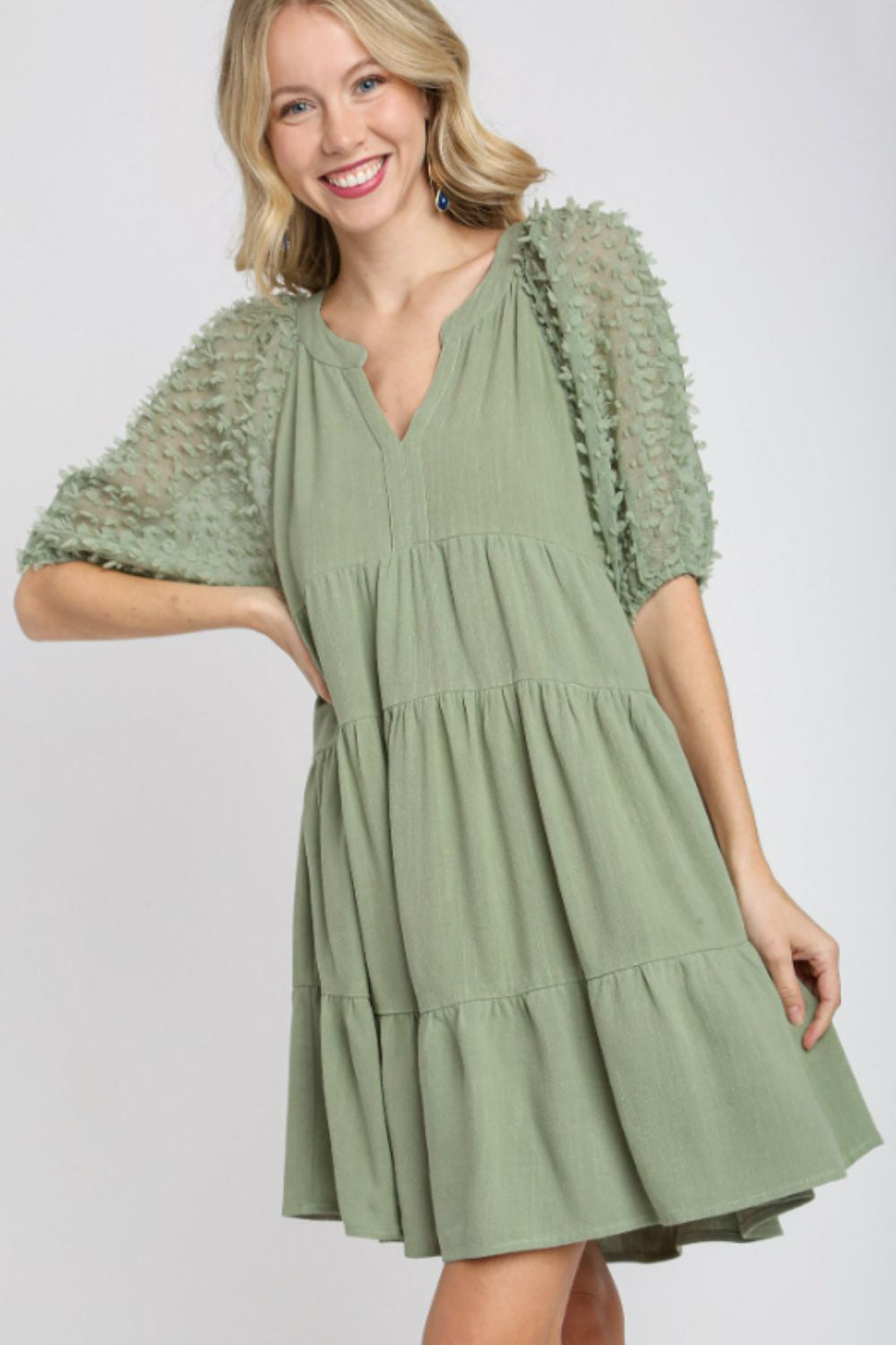 Umgee Full Size Linen Tiered A-Line Split Neck Dress plus Size