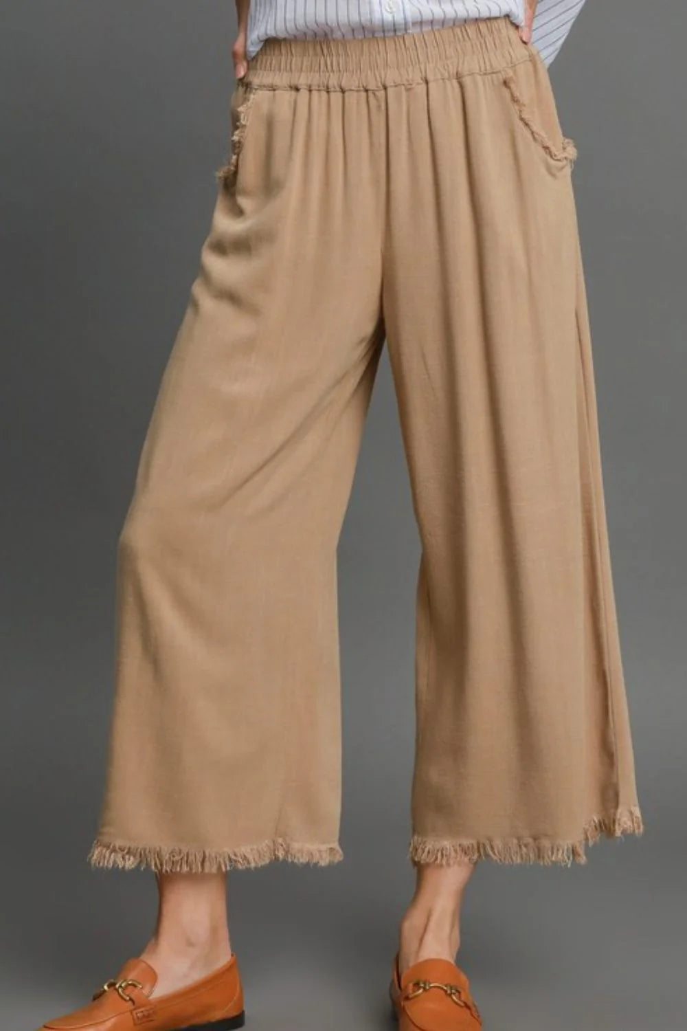 Umgee Full Size Linen Blend Elastic Waistband Wide Leg Pants plus Size