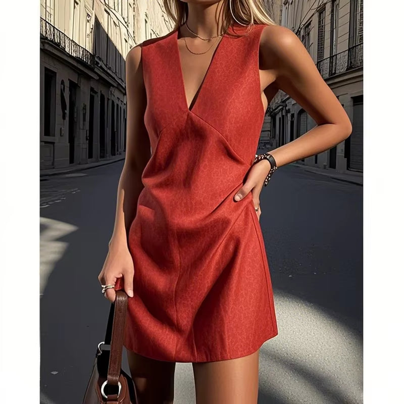 2025 Linen Summer Women Dresses Sexy V-Neck Sleeveless Basic Tank Dress Elegant Party Dresses Chic Boho Red Sundress