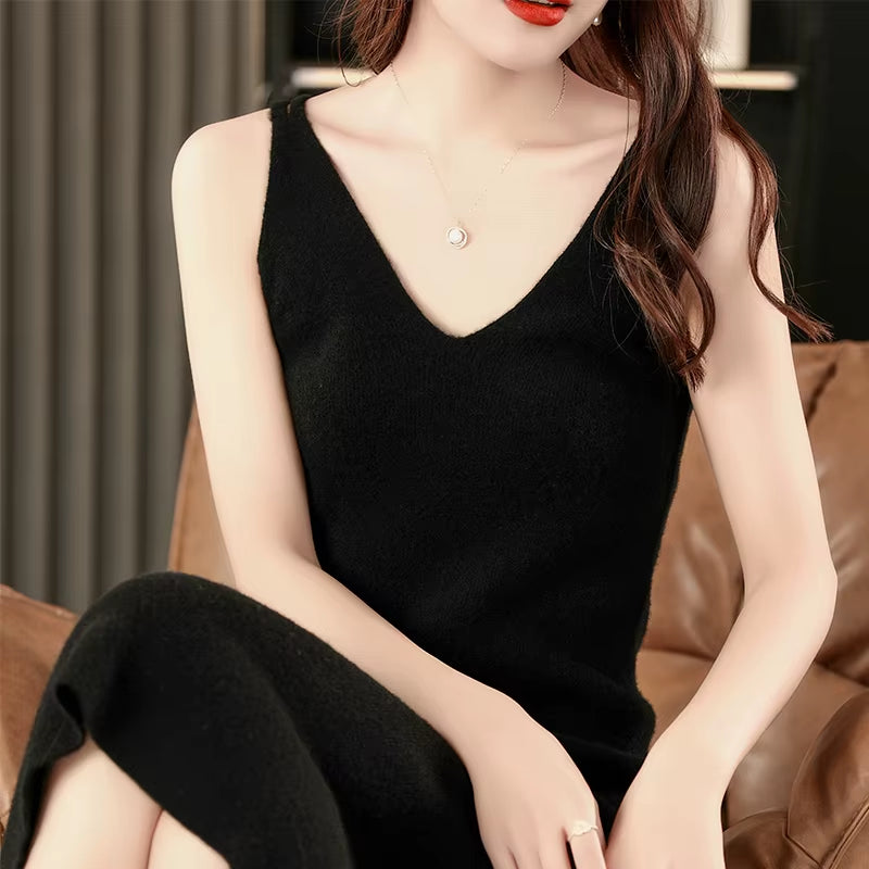 Women'S Strap Knit Dress 100% Merino Wool Tight V-Neck Strap Dress Fall/Winter Women'S Fashion Sexy inside Knee-Length Skirt