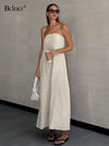 Fashion Khaki Linen A-Line Dress Women 2024 Summer Pockets Strepless Long Dresses Casual Solid Midi Dress Female Vacation