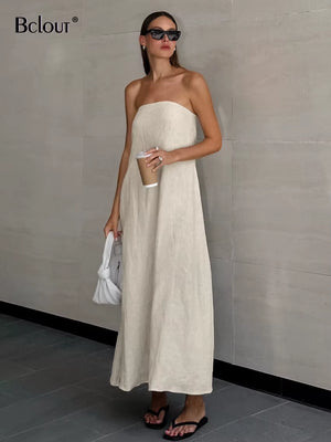 Fashion Khaki Linen A-Line Dress Women 2024 Summer Pockets Strepless Long Dresses Casual Solid Midi Dress Female Vacation