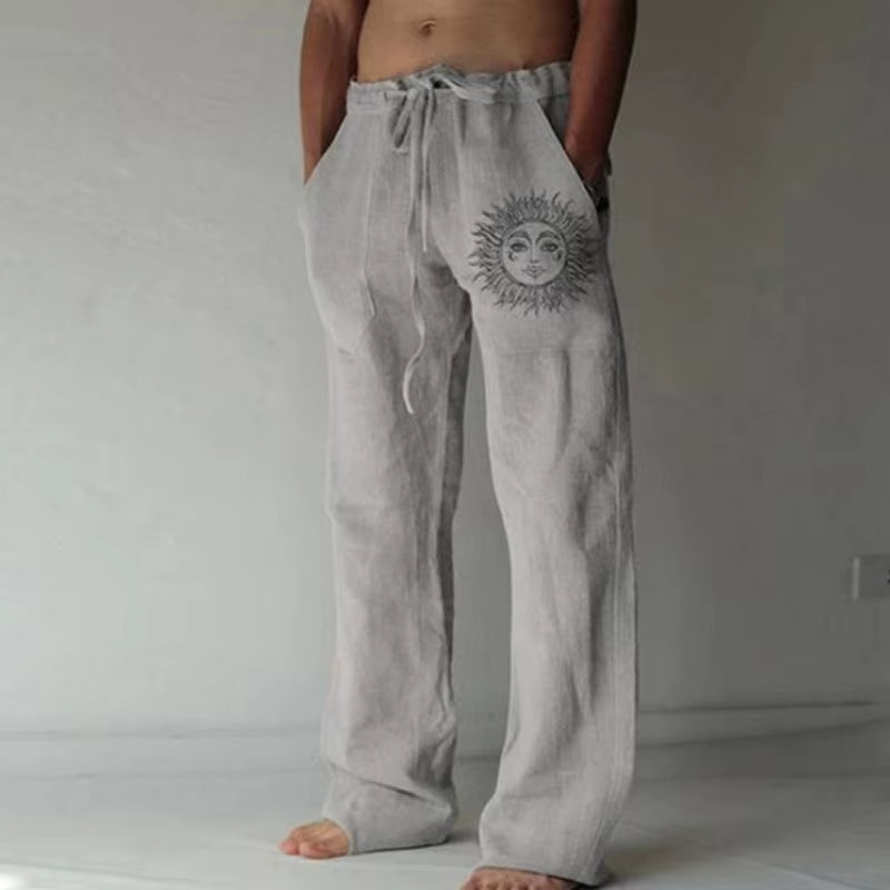 Men'S Casual Pants Sweatpants Sun Flower Print Full Length Pants Pocket Drawstring Linen Trousers Men