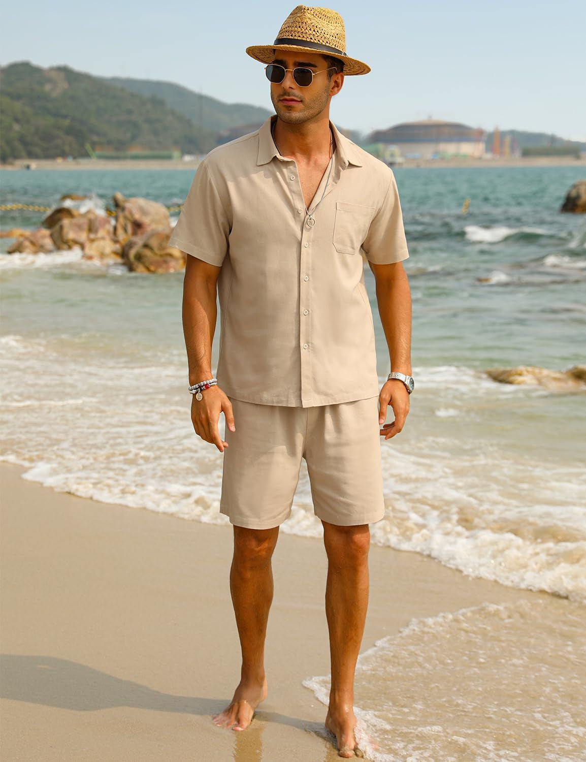 Men Linen Outfits Sets Casual Short Sleeve Button down Shirts and Shorts Beach Suits