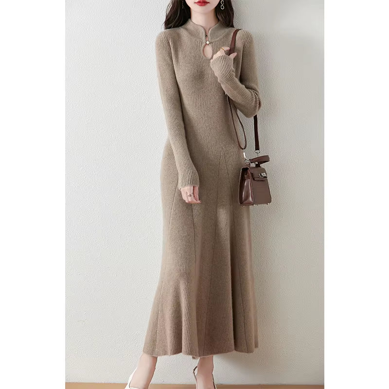 100% Wool Slim Fit Merino Dress Fish Tail Women'S Autumn Winter French Fashion Drawstring Solid Color Warm Soft Knitted Pullover