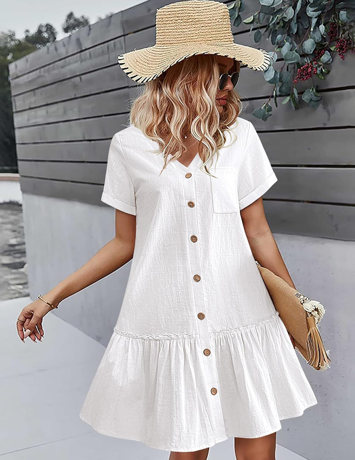 Women Button down Dress Loose Summer Cotton Linen Shirt Dress Ruffle Casual Tunic Dress