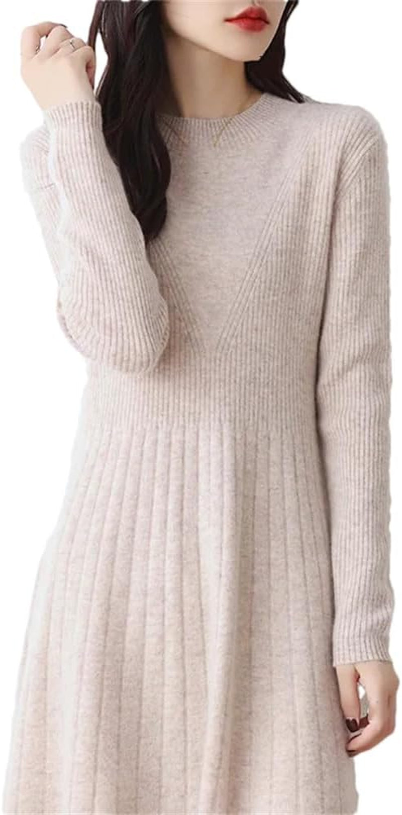 Women'S Merino Wool Dress Autumn and Winter Soft Slim round Neck Knitted Long Dress