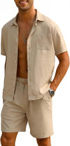 Men Linen Outfits Sets Casual Short Sleeve Button down Shirts and Shorts Beach Suits