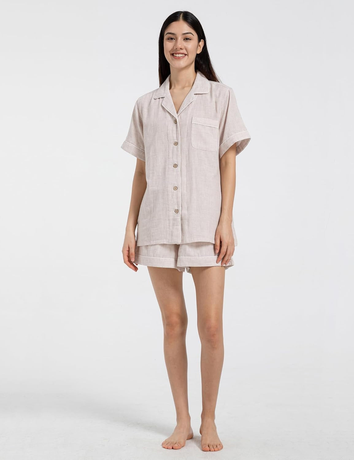 Pajamas for Women Set 100% Double Gauze Cotton Linen like Short Sleeve Sleepwear Button down Nightwear Summer Pjs Set