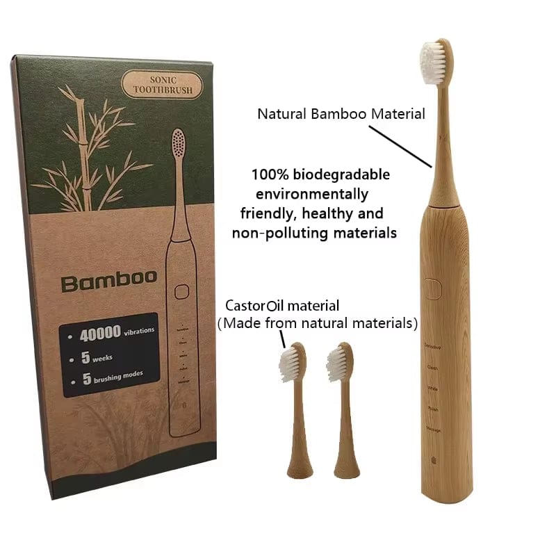 Biodegradable Electric Toothbrush Sustainable Bamboo Brush Head Castor Oil Bristles Bambu Wooden IPX7 Sonic Healthier Oral Teeth