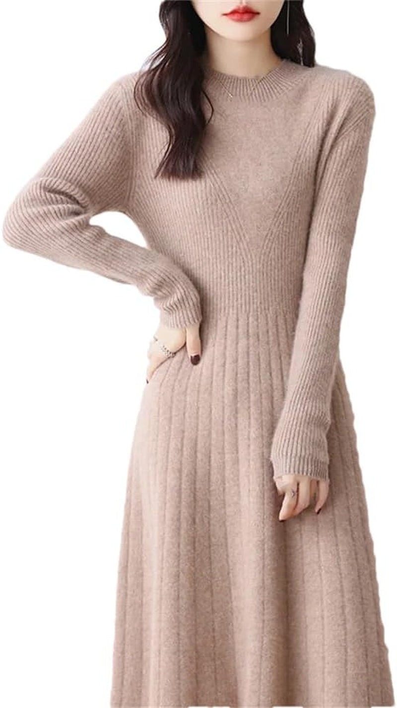 Women'S Merino Wool Dress Autumn and Winter Soft Slim round Neck Knitted Long Dress