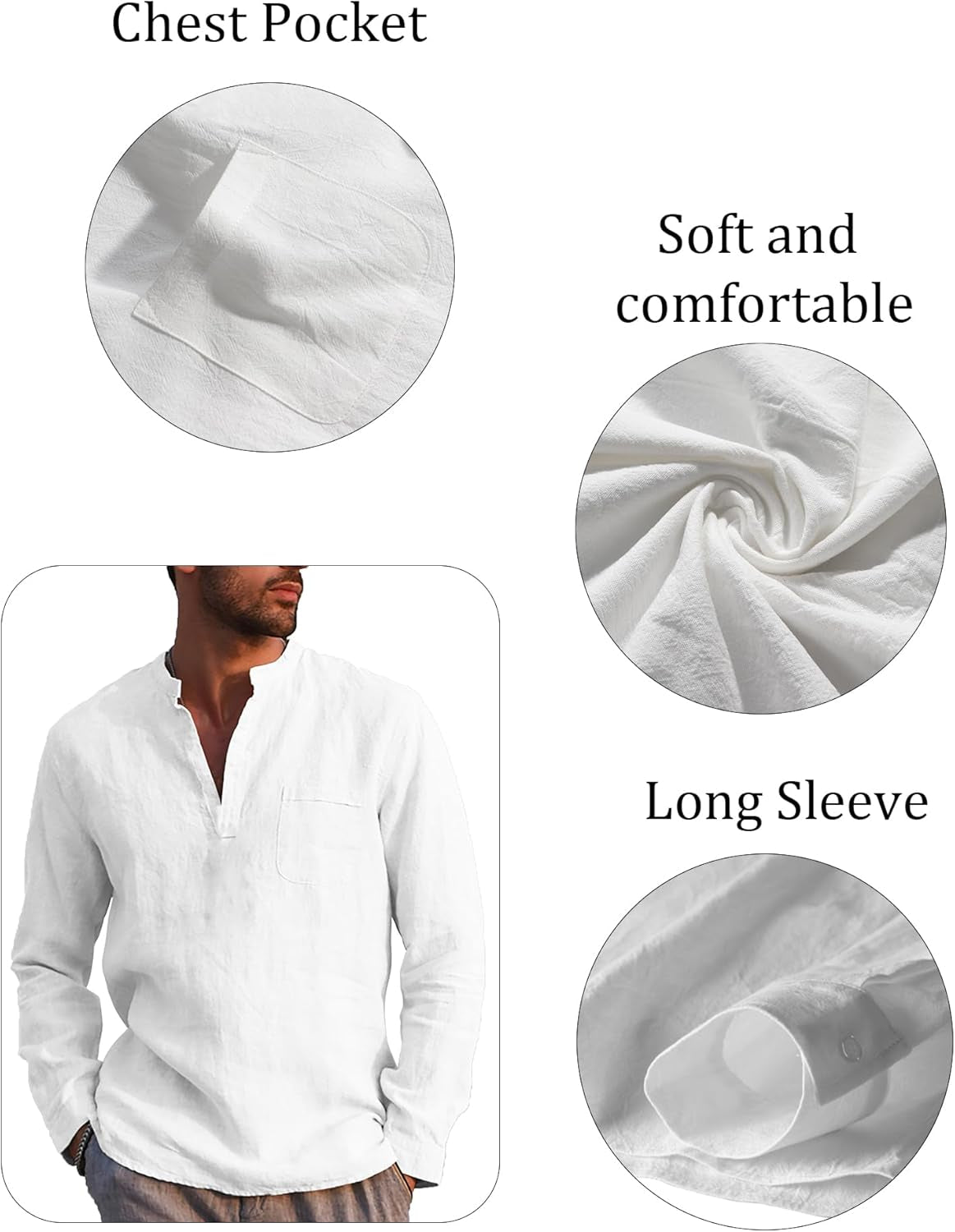 Mens V-Neck Linen Cotton Henley Shirt Casual Long Sleeve Shirt with Pocket