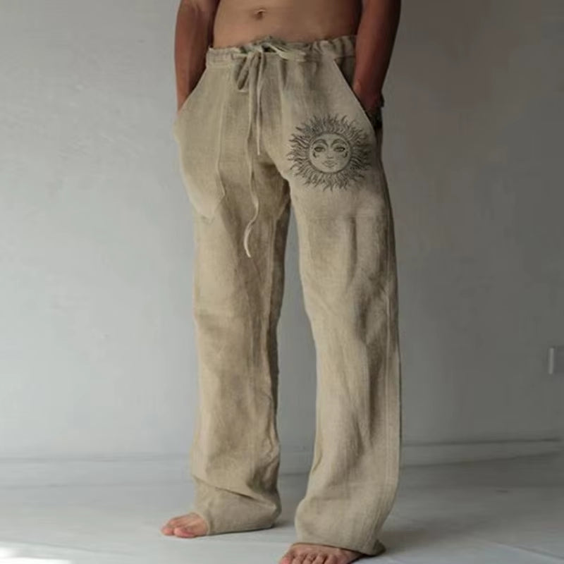 Men'S Casual Pants Sweatpants Sun Flower Print Full Length Pants Pocket Drawstring Linen Trousers Men