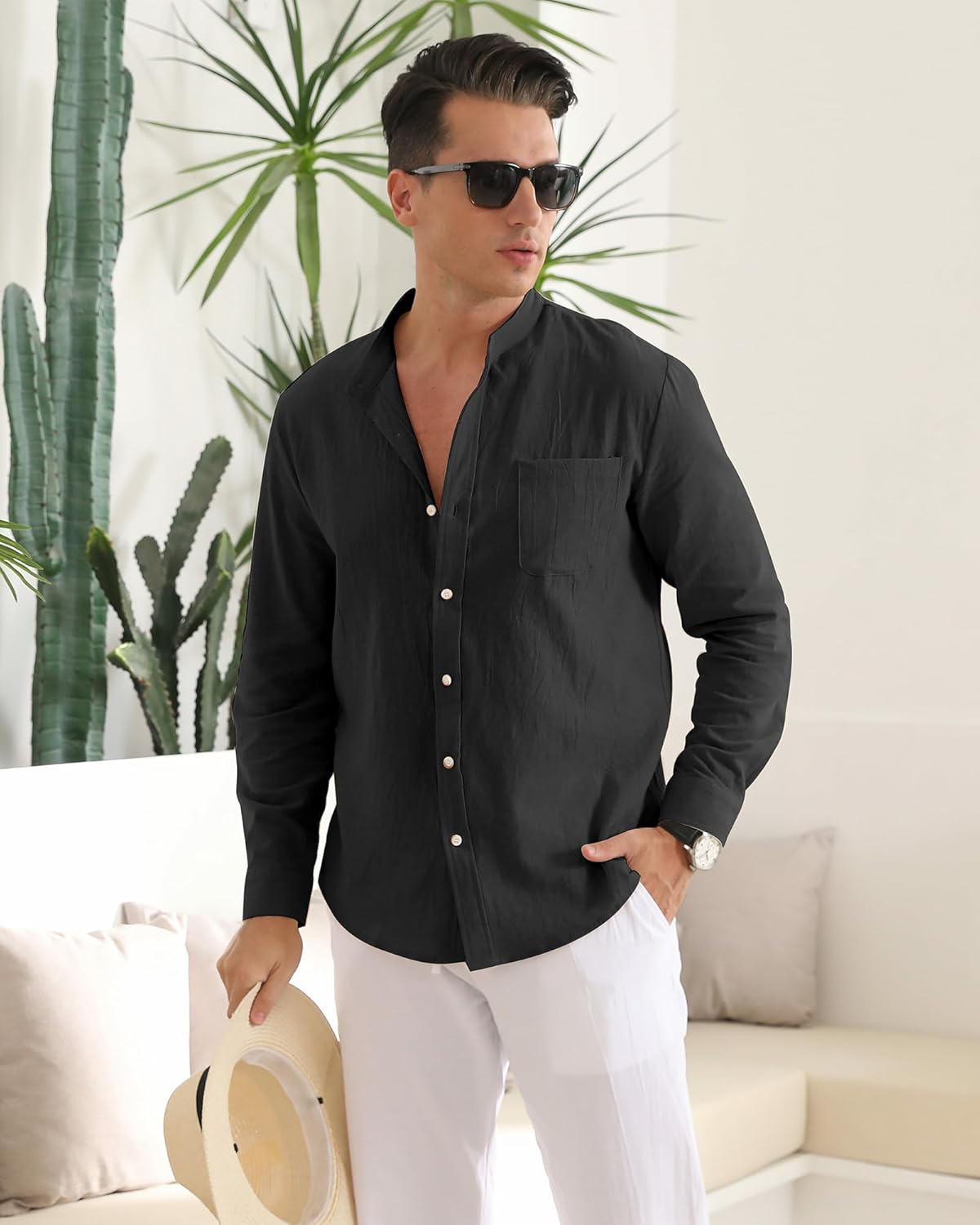 Linen Shirt Men Long Sleeve Cotton Summer Beach Top Casual Button down with Stand Collar