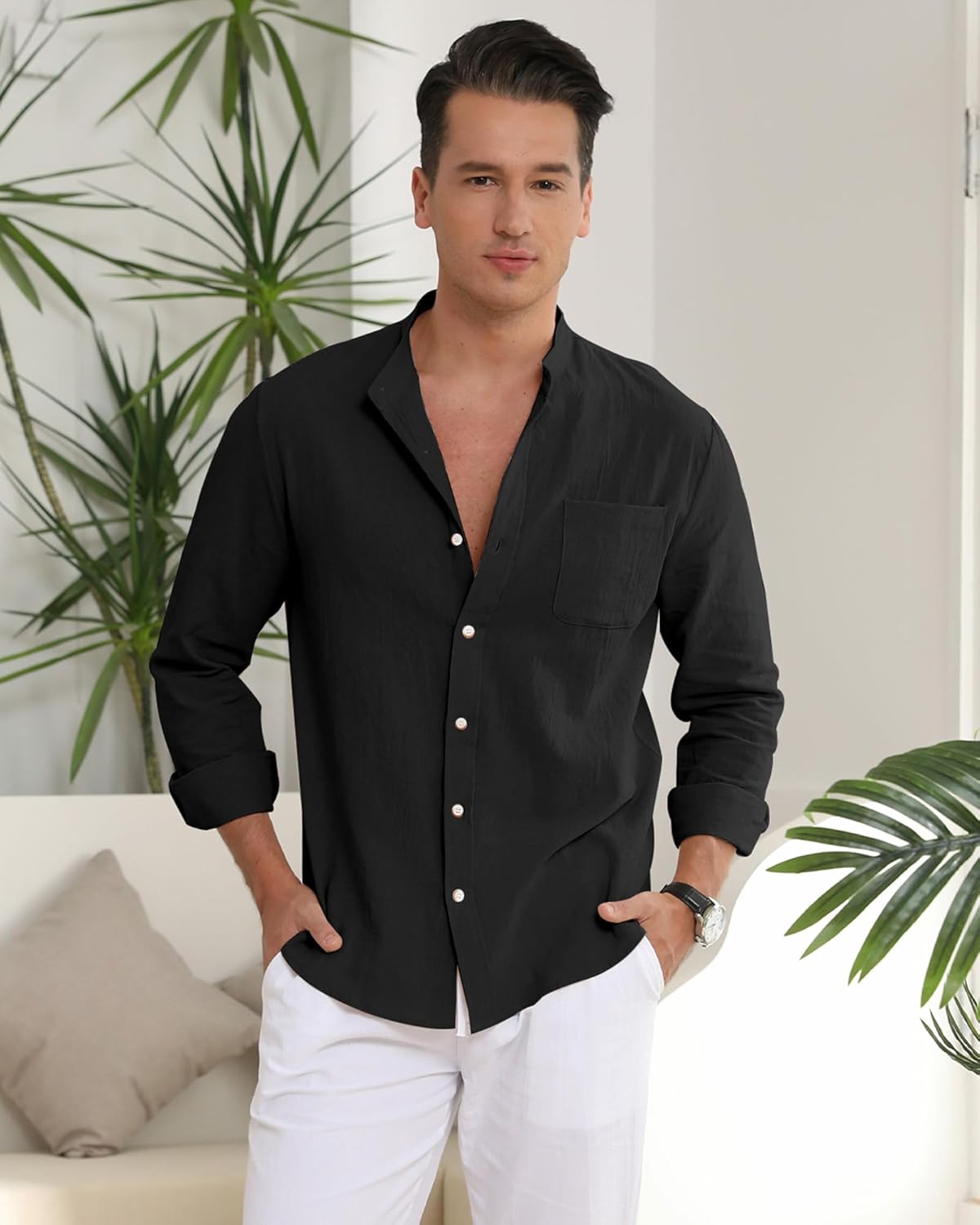 Linen Shirt Men Long Sleeve Cotton Summer Beach Top Casual Button down with Stand Collar