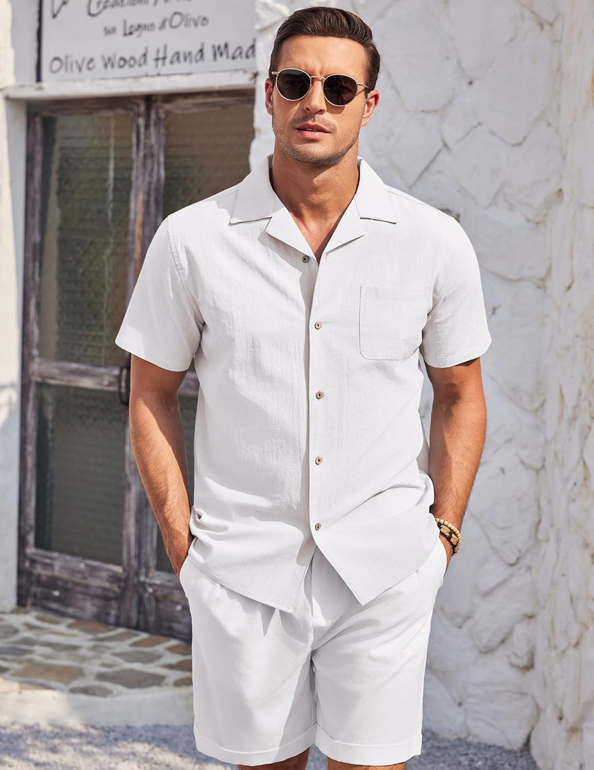 Mens Cotton Linen Shirt Casual Button down Shirts Short Sleeve Beach Top