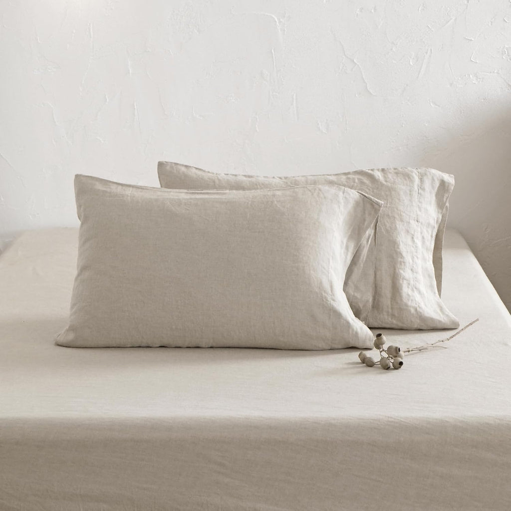 100% Pure Flax Linen Bedding Set - Stone Washed French Linen Fabric Deep Pocket Fitted Sheet Farmhouse Flat Sheet 2 Pillowcases (Natural, Queen)