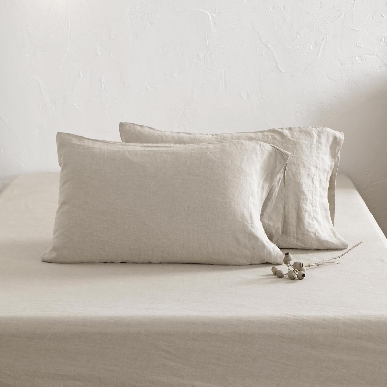 100% Pure Flax Linen Bedding Set - Stone Washed French Linen Fabric Deep Pocket Fitted Sheet Farmhouse Flat Sheet 2 Pillowcases (Natural, Queen)