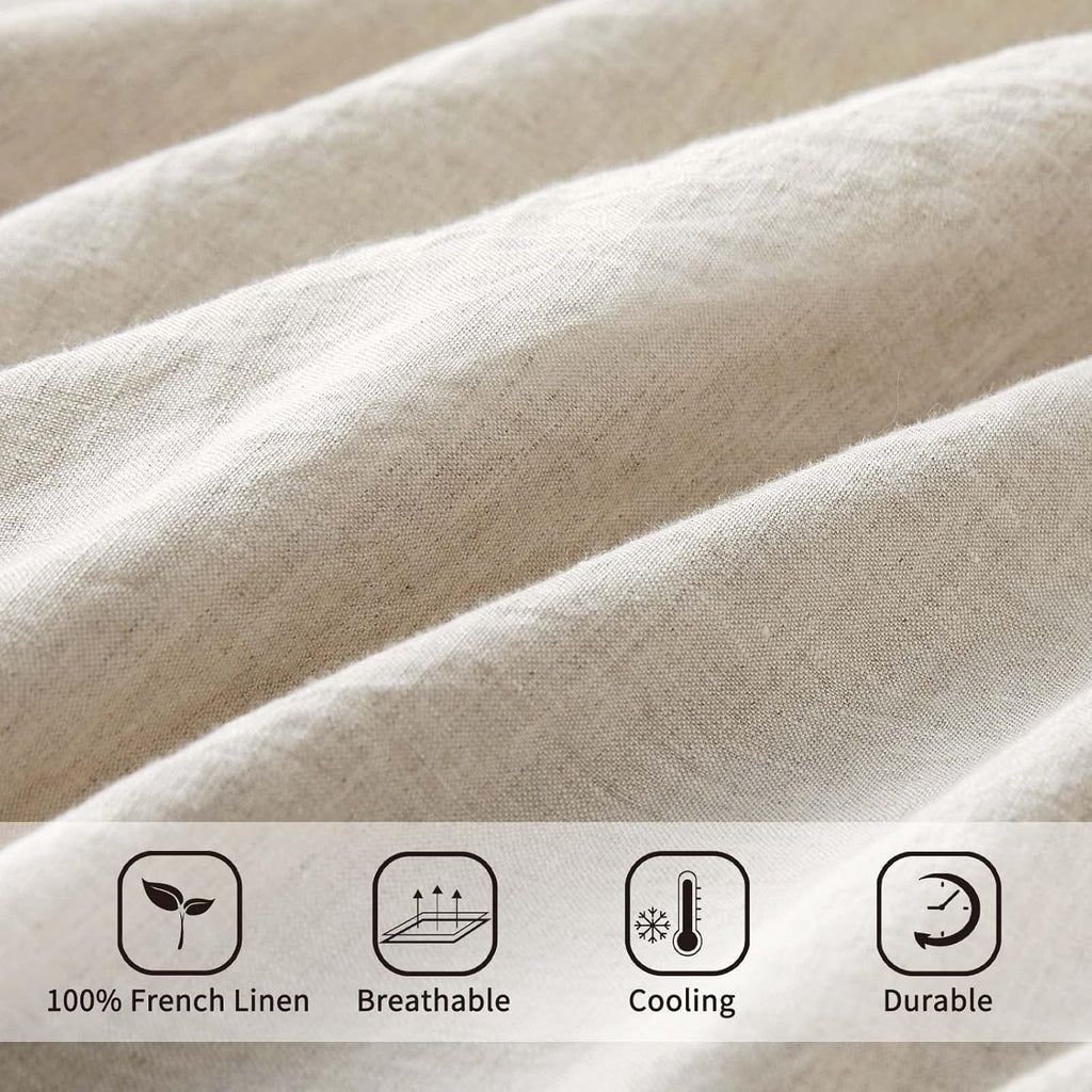100% Pure Flax Linen Bedding Set - Stone Washed French Linen Fabric Deep Pocket Fitted Sheet Farmhouse Flat Sheet 2 Pillowcases (Natural, Queen)