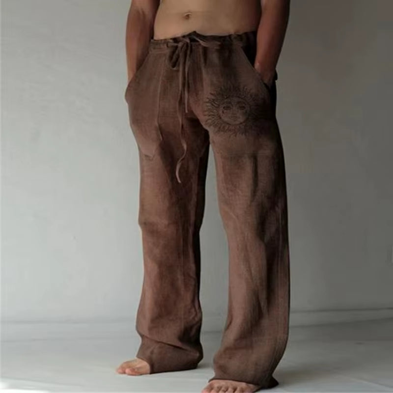 Men'S Casual Pants Sweatpants Sun Flower Print Full Length Pants Pocket Drawstring Linen Trousers Men