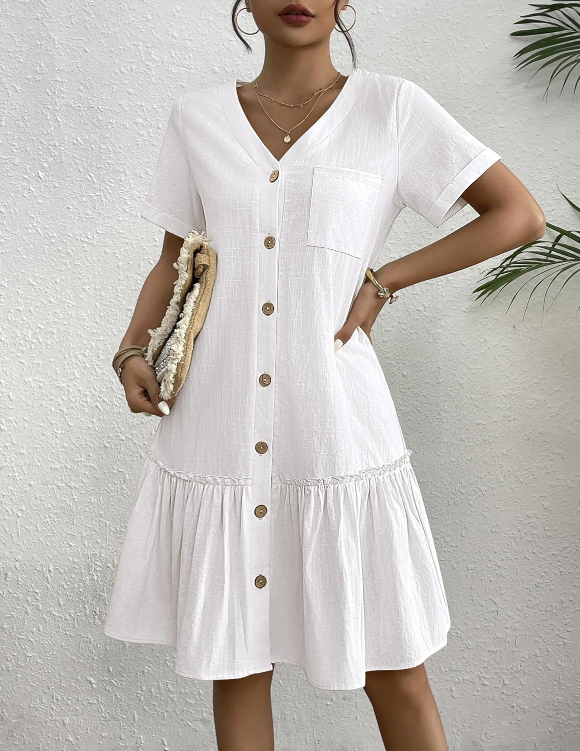 Women Button down Dress Loose Summer Cotton Linen Shirt Dress Ruffle Casual Tunic Dress