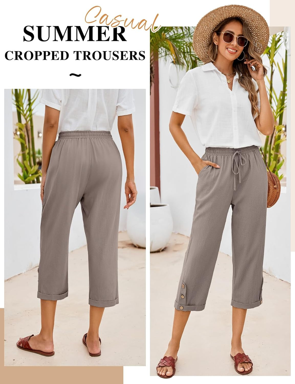 Womens Capris Pants High Waist Drawstring Cotton Casual Palazzo Trendy Lounge Beach Summer Trousers with Pockets