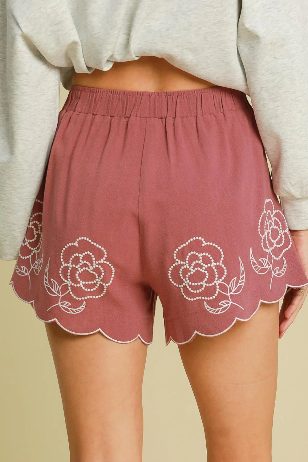 Umgee Full Size Linen Blend Shorts with Floral Embroidered Details plus Size