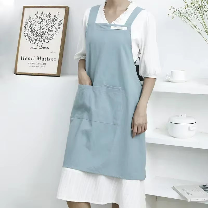 Women Japanese and Korean Simple Apron Denim Apron Cotton and Linen Solid Color Blouse Kitchen Florist Coffee Shop Apron