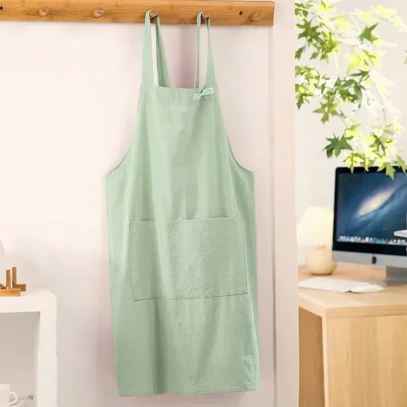 Women Japanese and Korean Simple Apron Denim Apron Cotton and Linen Solid Color Blouse Kitchen Florist Coffee Shop Apron