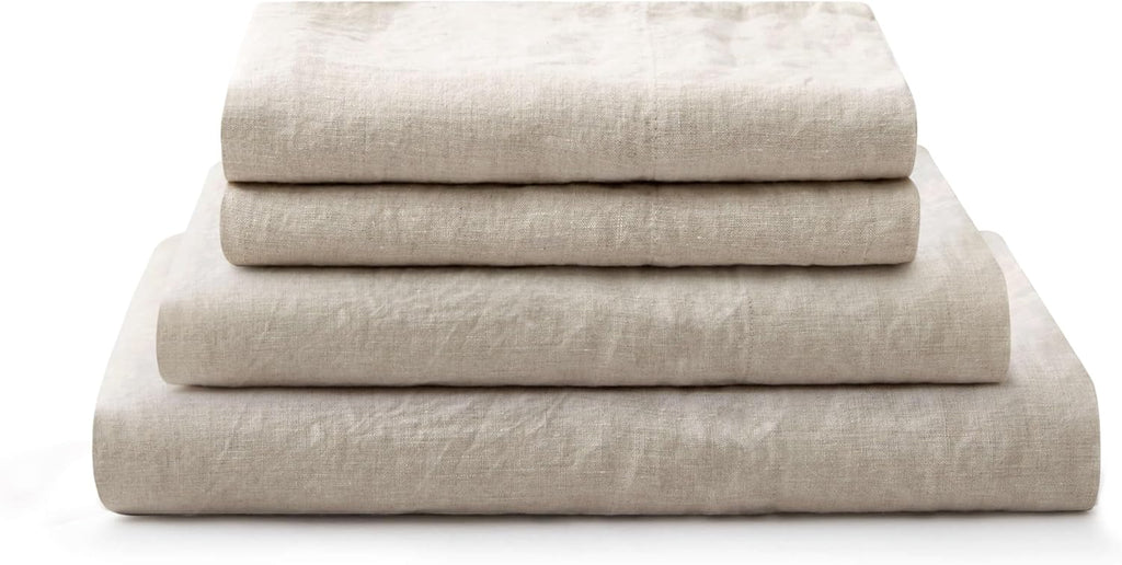 100% Pure Flax Linen Bedding Set - Stone Washed French Linen Fabric Deep Pocket Fitted Sheet Farmhouse Flat Sheet 2 Pillowcases (Natural, Queen)