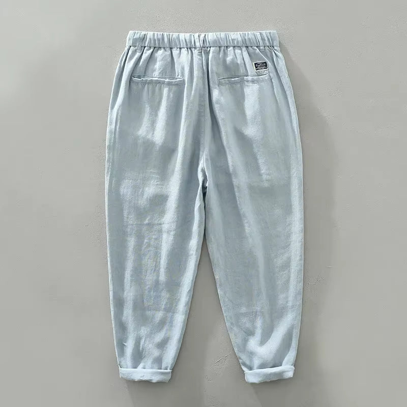 Spring Summer New Men Pure Linen Pants Breathable Cool Hemp Deawstring Fit Casual Trouser GC-1632