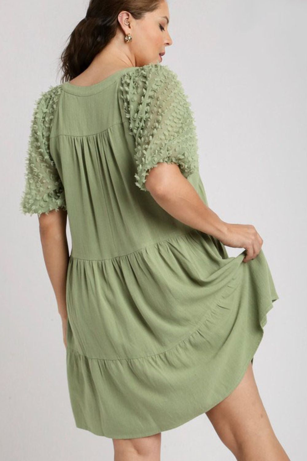 Umgee Full Size Linen Tiered A-Line Split Neck Dress plus Size