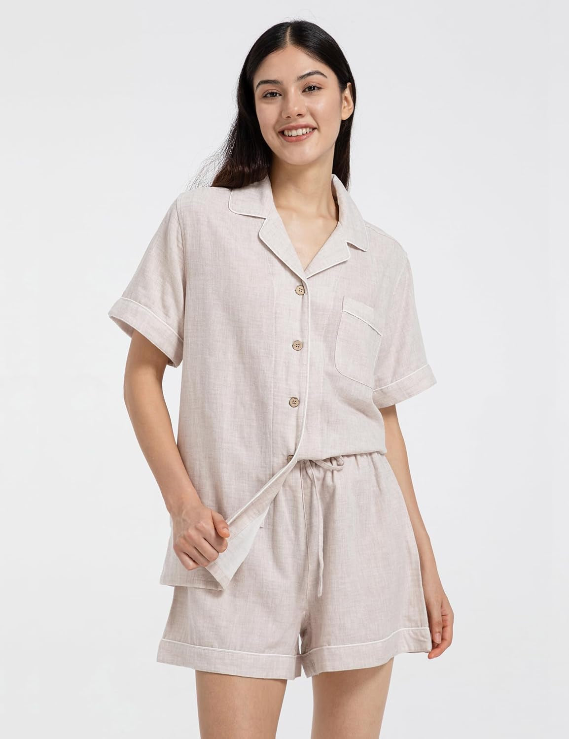 Pajamas for Women Set 100% Double Gauze Cotton Linen like Short Sleeve Sleepwear Button down Nightwear Summer Pjs Set