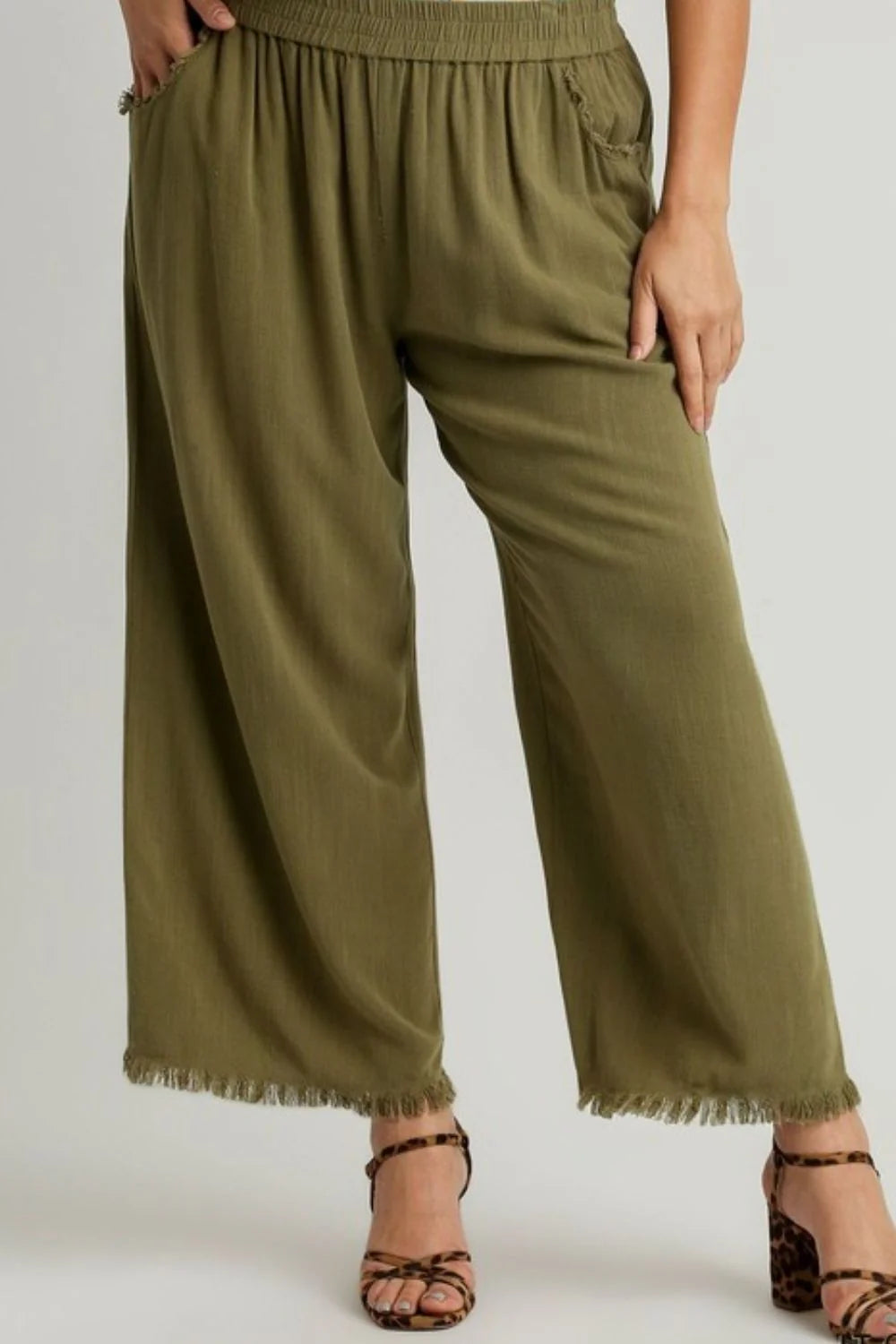 Umgee Full Size Linen Blend Elastic Waistband Wide Leg Pants plus Size