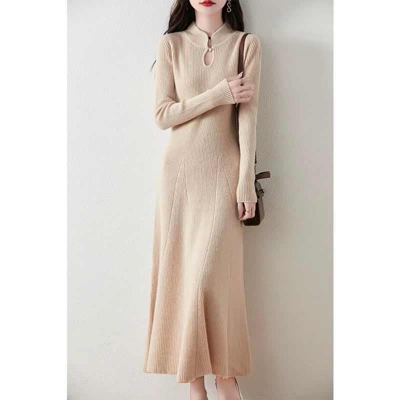 100% Wool Slim Fit Merino Dress Fish Tail Women'S Autumn Winter French Fashion Drawstring Solid Color Warm Soft Knitted Pullover