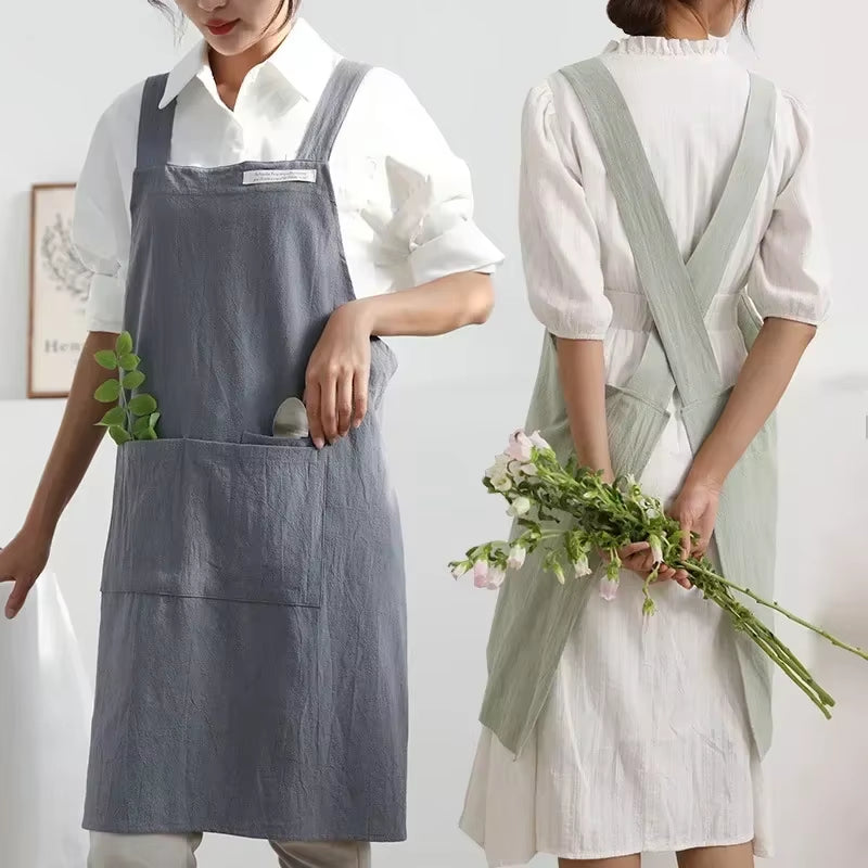 Women Japanese and Korean Simple Apron Denim Apron Cotton and Linen Solid Color Blouse Kitchen Florist Coffee Shop Apron