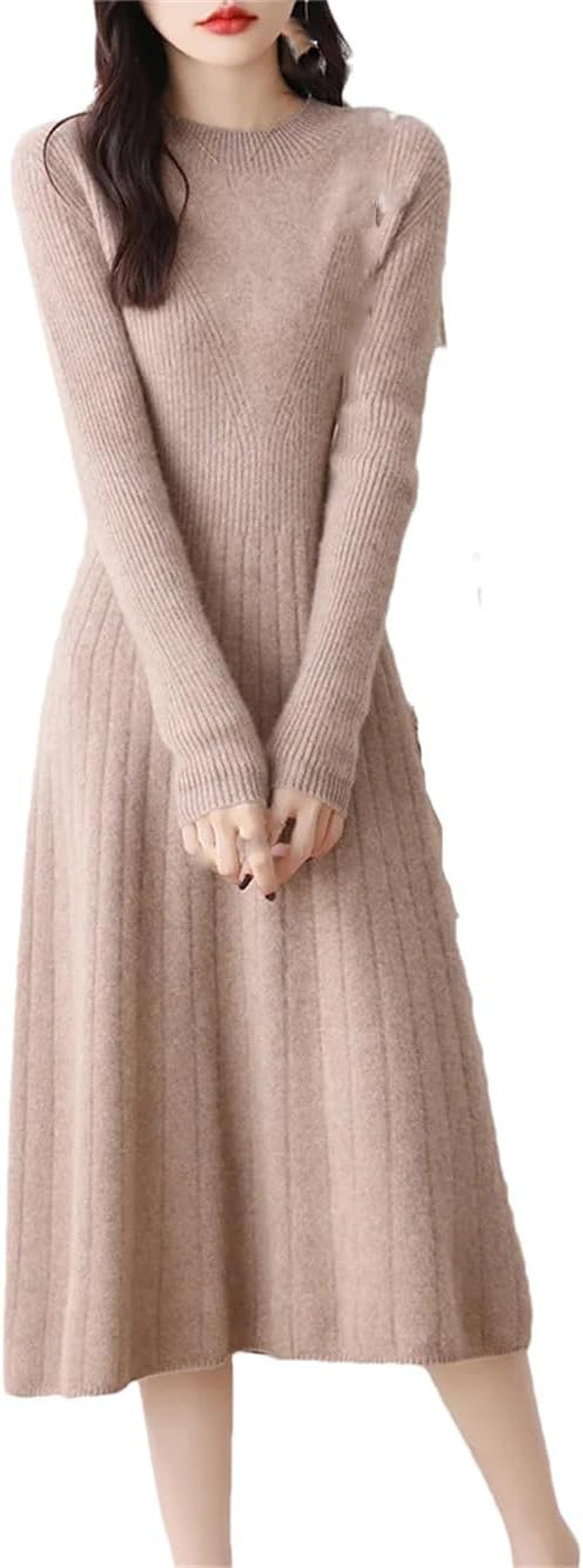 Women'S Merino Wool Dress Autumn and Winter Soft Slim round Neck Knitted Long Dress