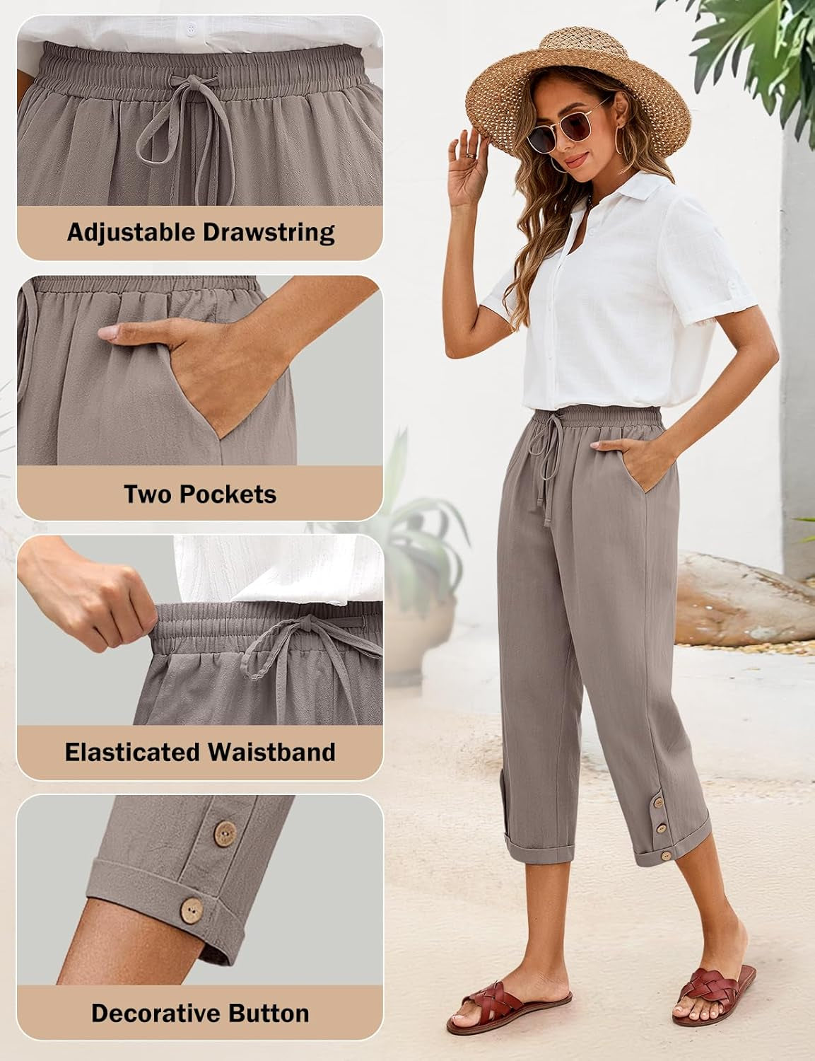 Womens Capris Pants High Waist Drawstring Cotton Casual Palazzo Trendy Lounge Beach Summer Trousers with Pockets