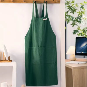 Women Japanese and Korean Simple Apron Denim Apron Cotton and Linen Solid Color Blouse Kitchen Florist Coffee Shop Apron