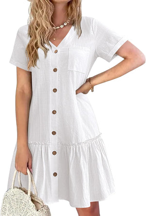 Women Button down Dress Loose Summer Cotton Linen Shirt Dress Ruffle Casual Tunic Dress