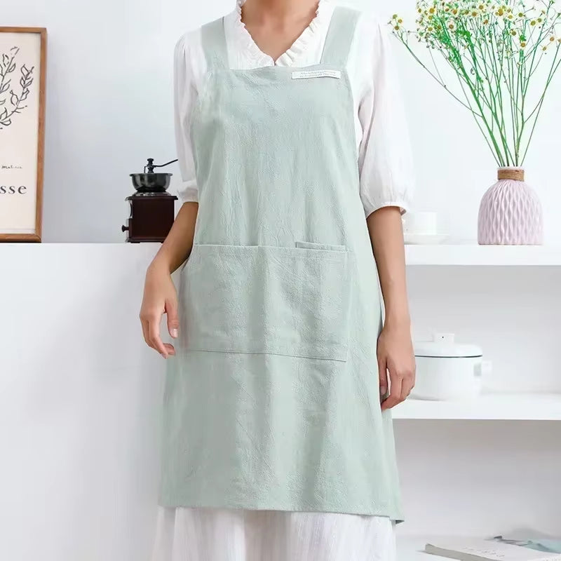 Women Japanese and Korean Simple Apron Denim Apron Cotton and Linen Solid Color Blouse Kitchen Florist Coffee Shop Apron