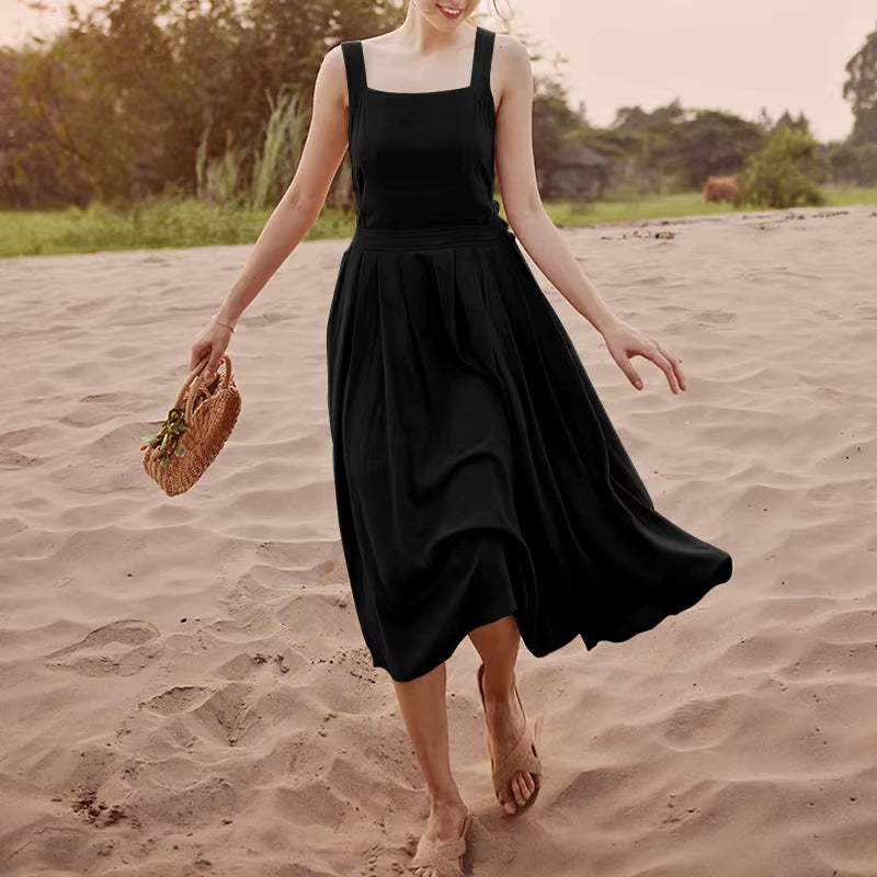 Cotton Linen Elegant Women Dress Sexy Sleeveless Sqaure Collar Back Cross Long Midi Party Dress with Pocket Summer Clothes