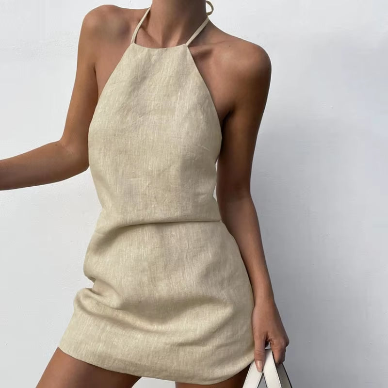 Women'S Halter Backless Dress Summer Women'S Cotton Linen Distress Personal Simple Sexy Sleeveless A-Line Casual Beach Dress