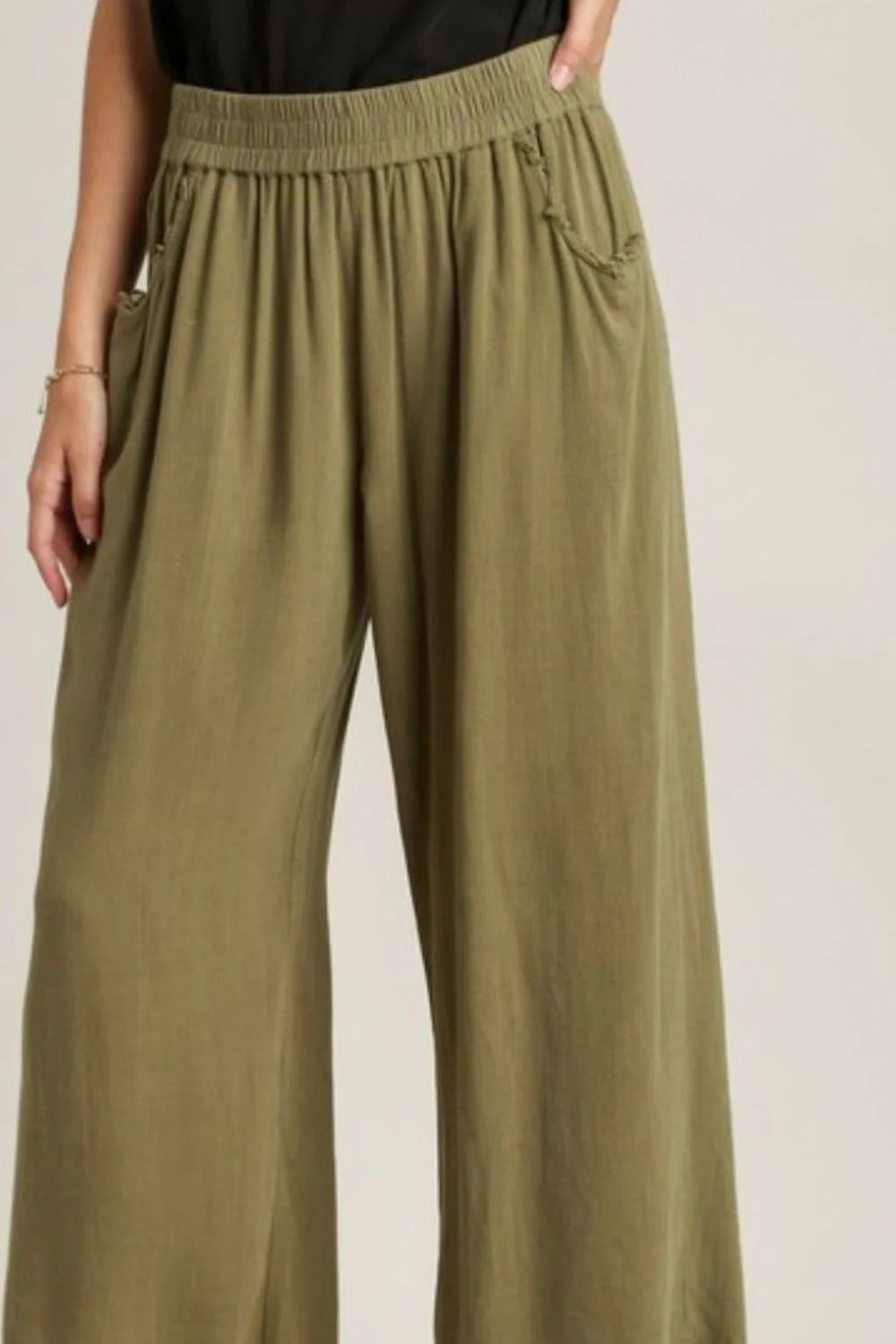 Umgee Full Size Linen Blend Elastic Waistband Wide Leg Pants plus Size