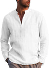 Mens V-Neck Linen Cotton Henley Shirt Casual Long Sleeve Shirt with Pocket